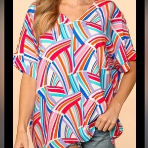 HAPTICS Women’s Boutique Brand Pink/Blue Geometric Loose Fit Top Size Medium
